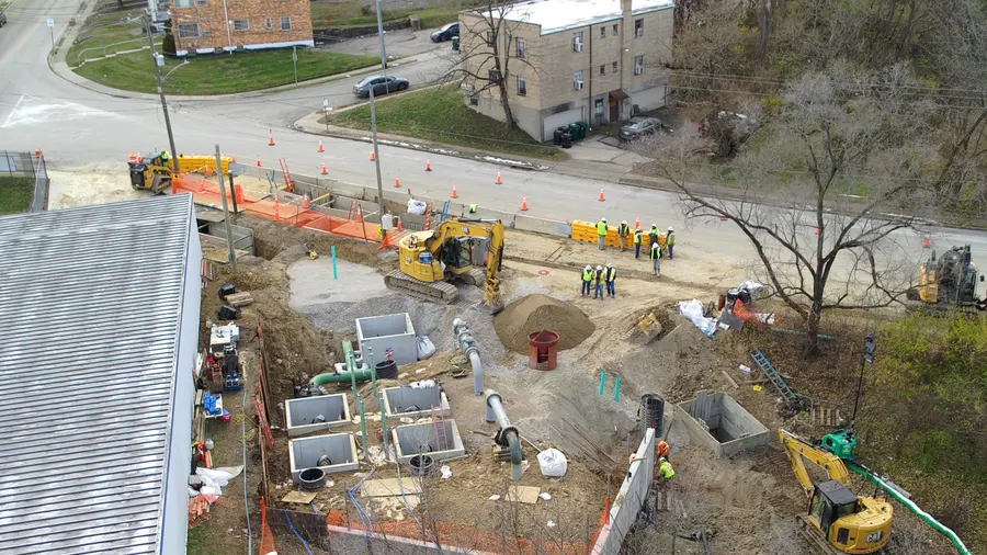 Concrete structures being set on a pipeline facility site